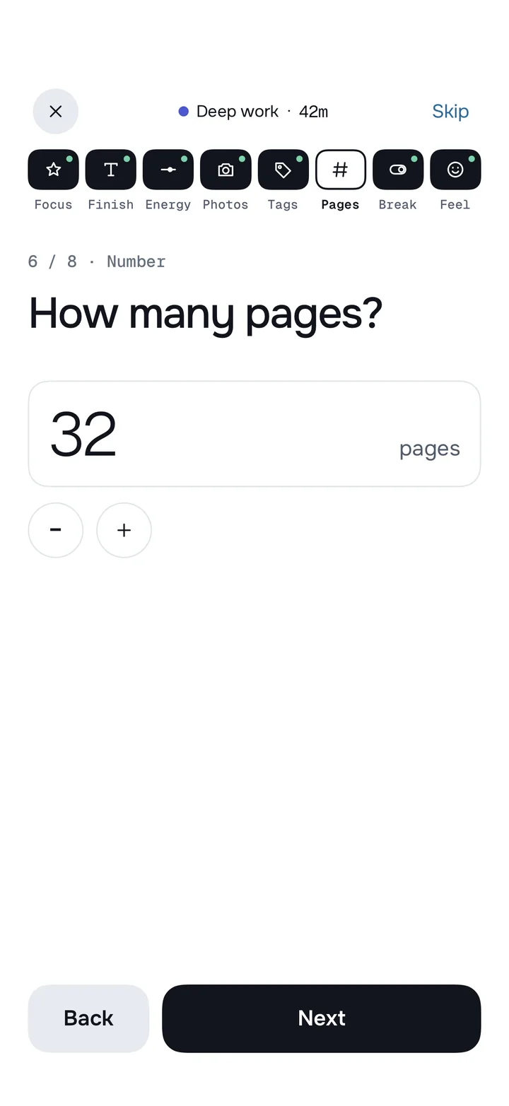 Burrow’s number reflection question, “How many pages?”, with an example answer of 32 pages.