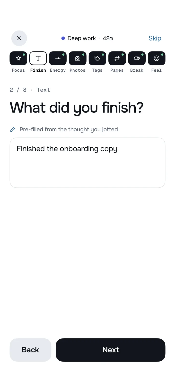 A Burrow reflection note asking “What did you finish?”, saved with a Deep work session.